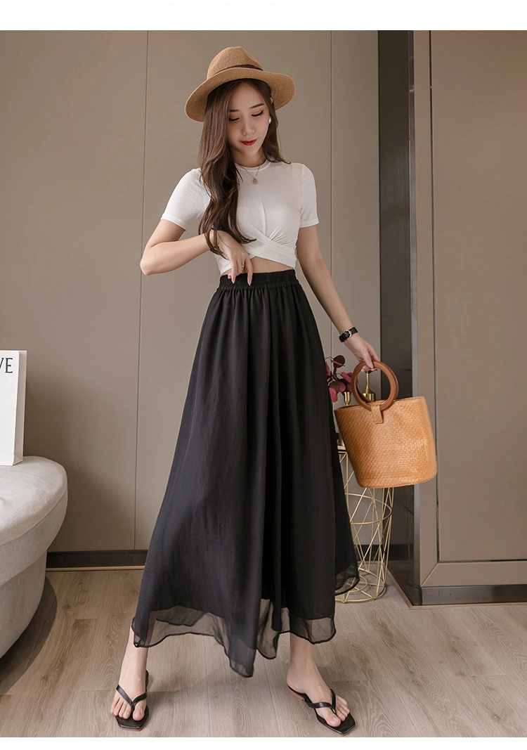 Double layer chiffon wide-leg pants nine-point hakama