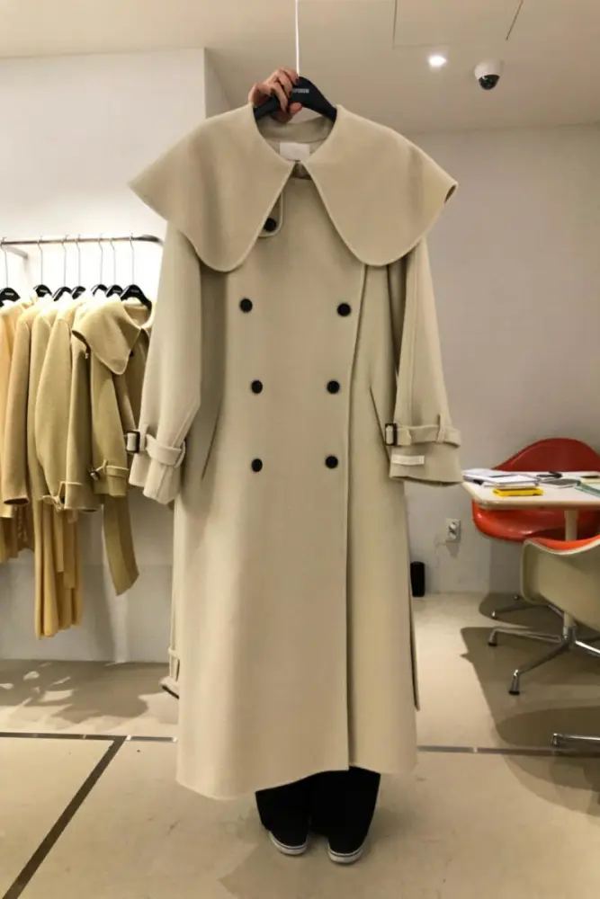 Double Breasted Double Faced Tweed Coat With Lotus Leaf Lapel