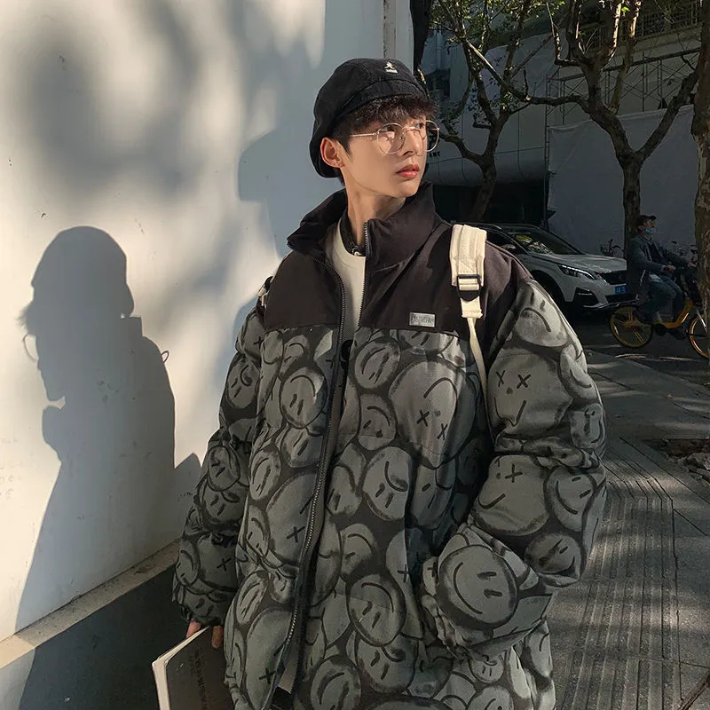Smiley Face Print Standing Collar Cotton Jacket Man