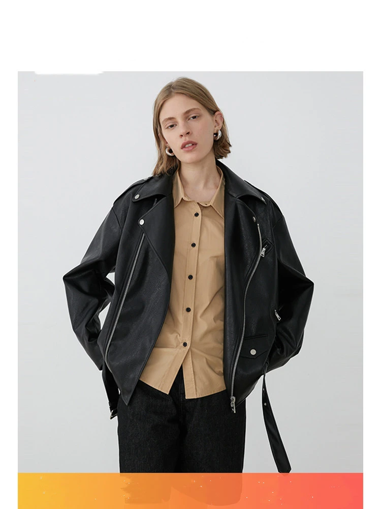  Spring New Casual Loose Leather Jacket Locomotive Oversize Windbreaker Jacket Women