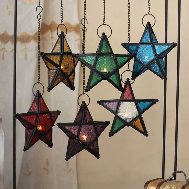 Colorful embossed glass Pentagram iron candlestick wind lamp
