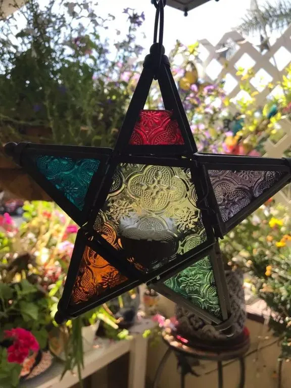 Colorful embossed glass Pentagram iron candlestick wind lamp