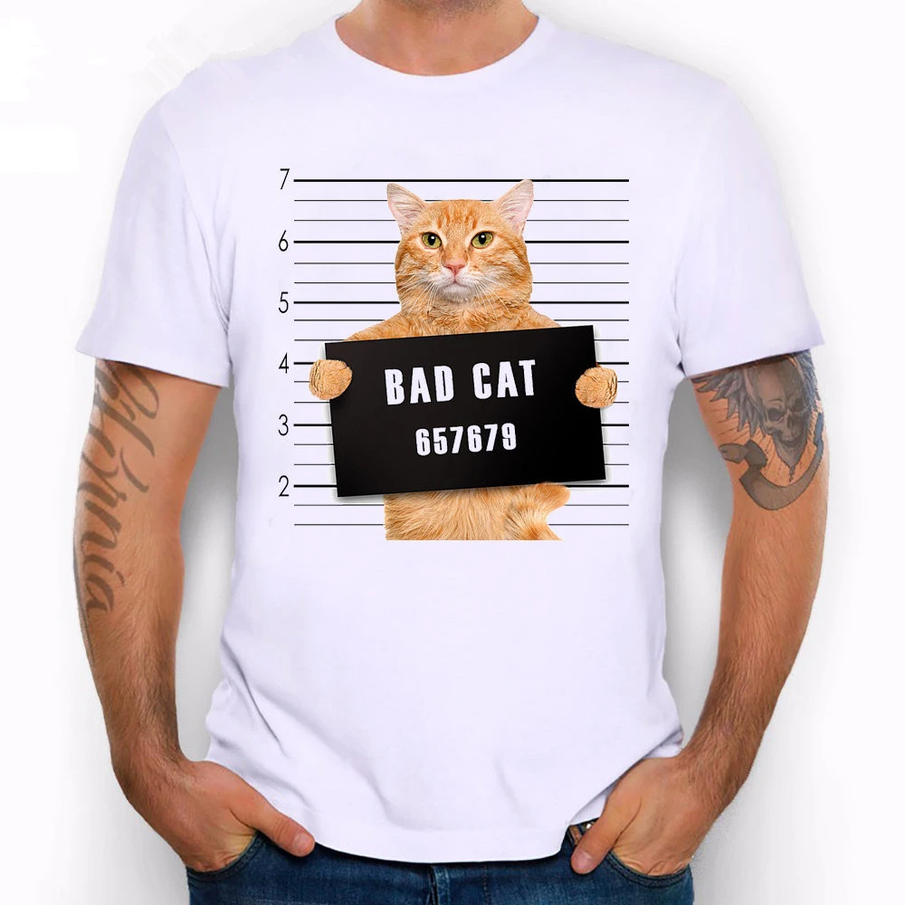 Summer dress personality fun spoof kitten crime photo cartoon print T-shirt modal cotton youth clothes tide