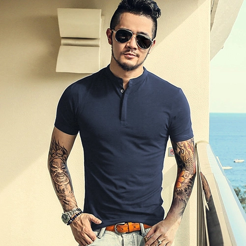 2021 summer new elastic men's slim short-sleeved T-shirt Henry collar half sleeve