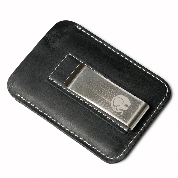 Vintage oil wax leather metal dollar card holder