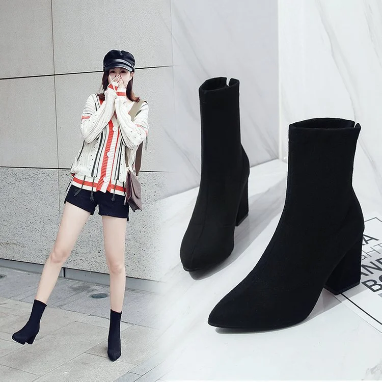 Black suede pointed toe heel high heel ankle boots