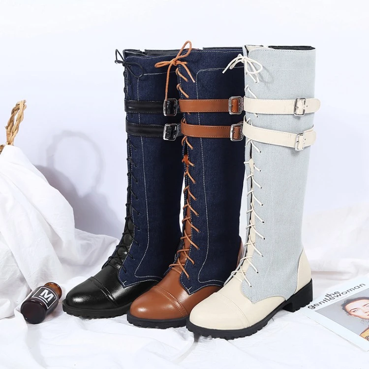 But the knee thick heel low heel denim high boots women