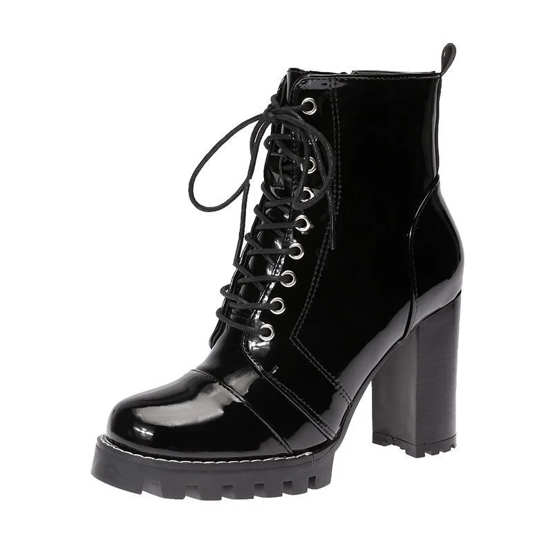 Women's High-Heeled Round Toe Thick-Heeled Platform Lace-Up Martin Boots