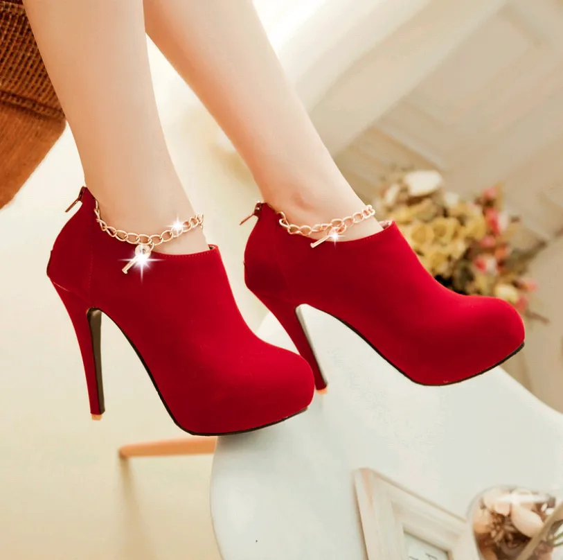 Elegant waterproof platform metal chain ring neck high heel and ankle boots women's boots