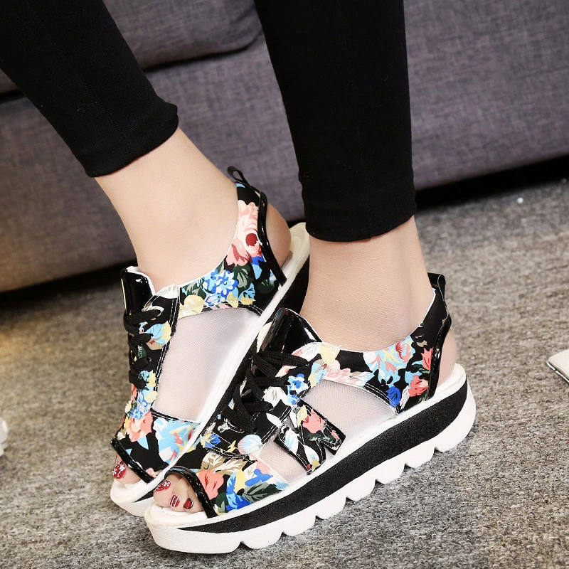 Roman Shoes Fish Mouth Floral Mid-Heel Platform Platform Sandals