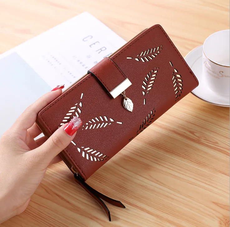Women Purse Female Long Wallet Gold Hollow Leaves Pouch Handbag For Women Purse Card Holder Portefeuille Femme