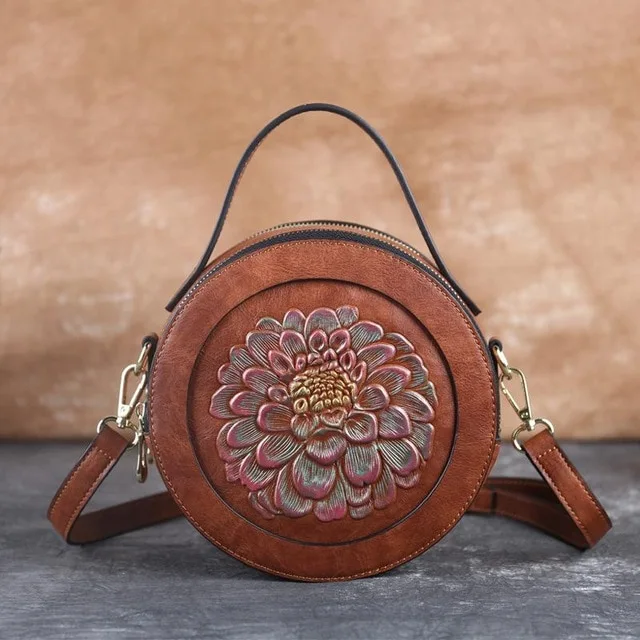 Vintage Embossed Small Round Bag, Shoulder Messenger Bag, Zipper Large-capacity Handbag