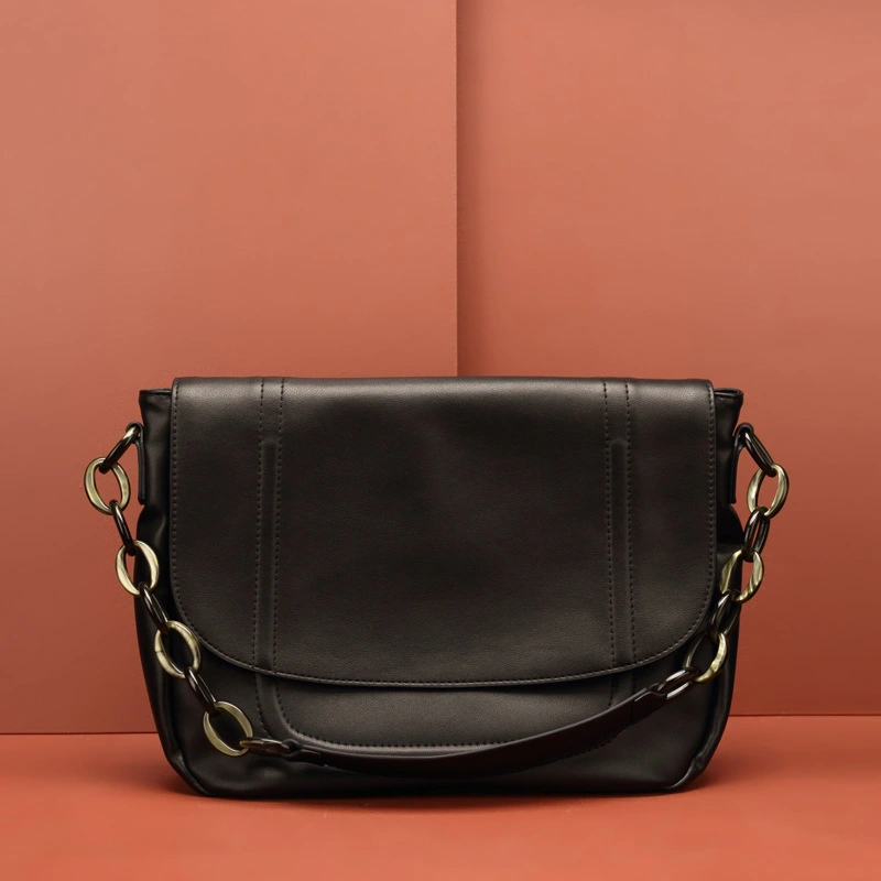 Real leather black flip shoulder bag