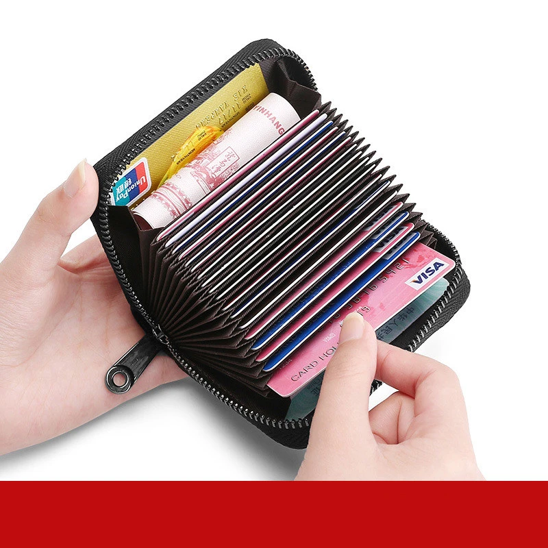 Anti Theft Brush Anti Degaussing Cowhide Card Holder Women's Leather Zipper Card Holder