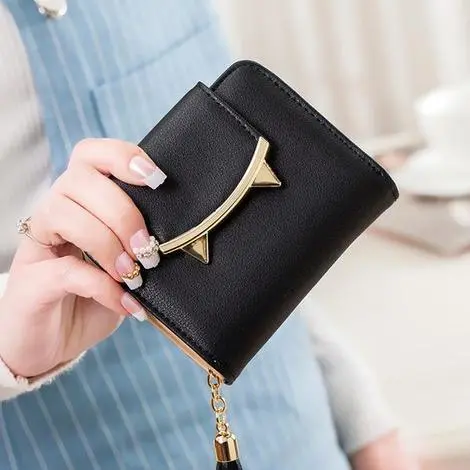 Cute Cat Ears Leather Short Tassel Women Wallet Small Day Clutch Trifold Female Purse ID Coin Card Holder Mini Bag