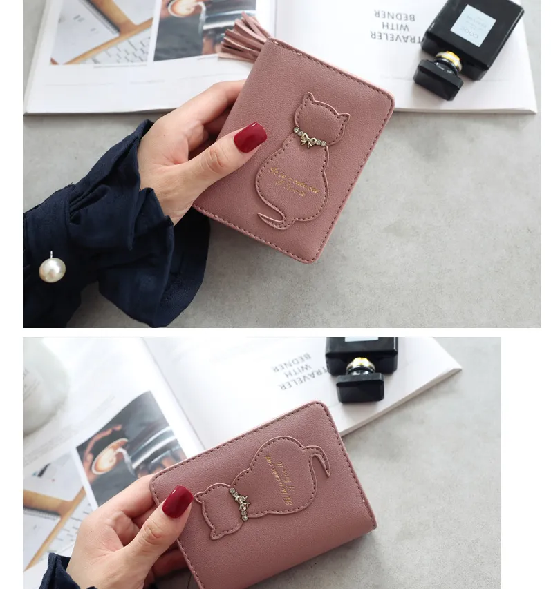 Women's cat decoration tassel short paragraph vertical section two fold small wallet New buckle can be loaded with change wallet