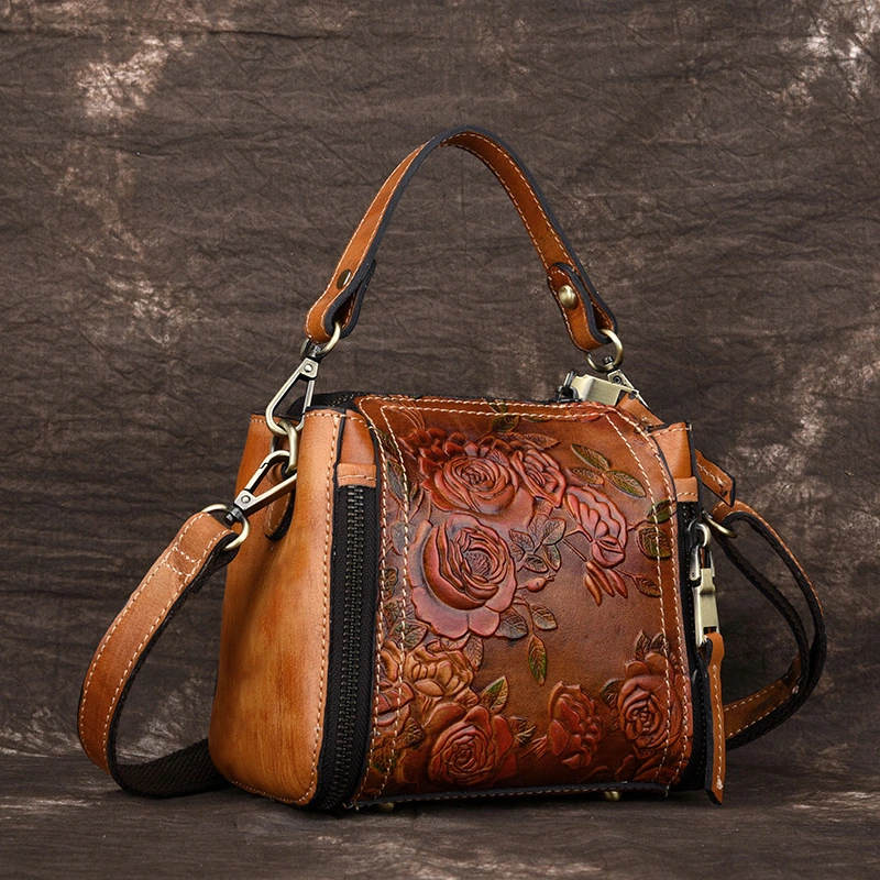 Fashionable Leather Vintage hand embossed handbag with shoulder inclined water bucket