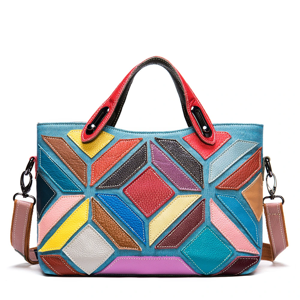 Colored Lady's Handbag With Cowhide Stitching Top Layer