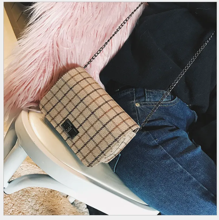 Small bag new women's bag tide section wild woolen lattice lock small square bag shoulder slung chain