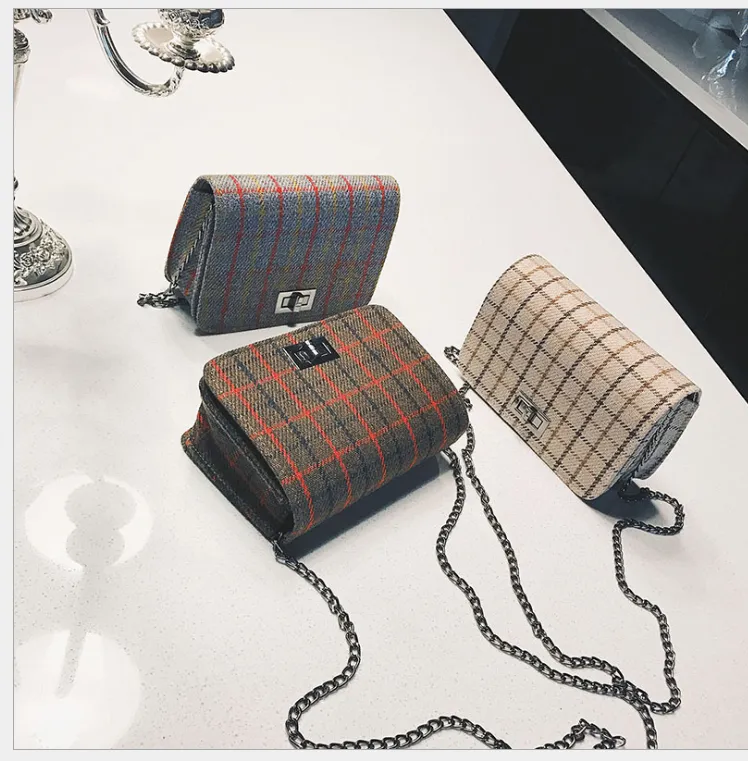 Small bag new women's bag tide section wild woolen lattice lock small square bag shoulder slung chain