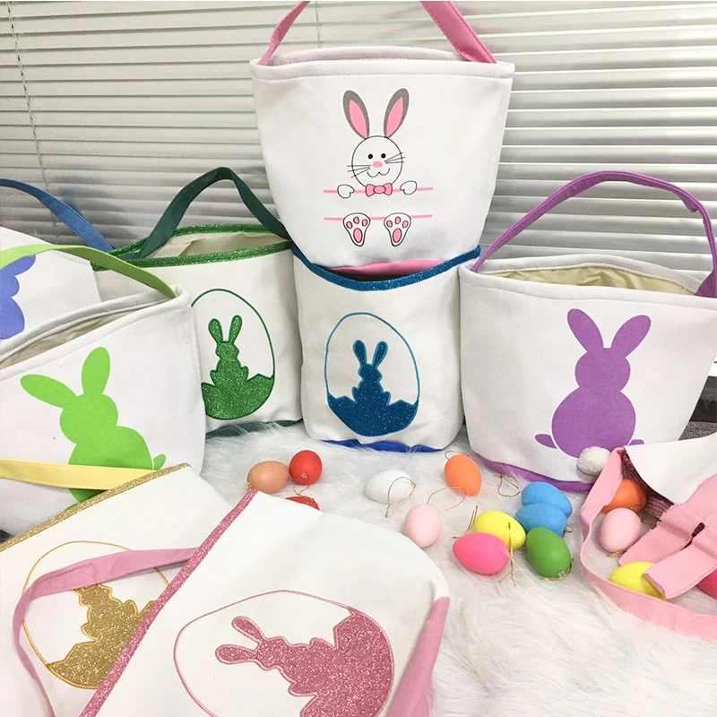 Happy Easter Burlap Bunny Ears Bags Easter Basket Canvas Bunny Buckets Easter Tote Bags with Rabbit Tail Kids Gift