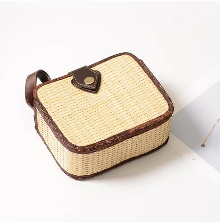 Handmade bamboo square leather buckle bag