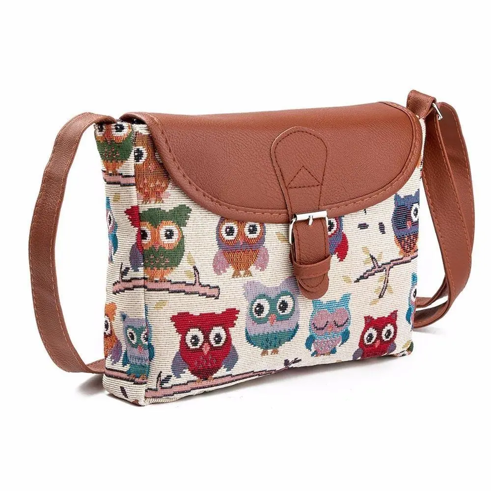 Small Crossbody Shoulder Bag with Owl Print Design