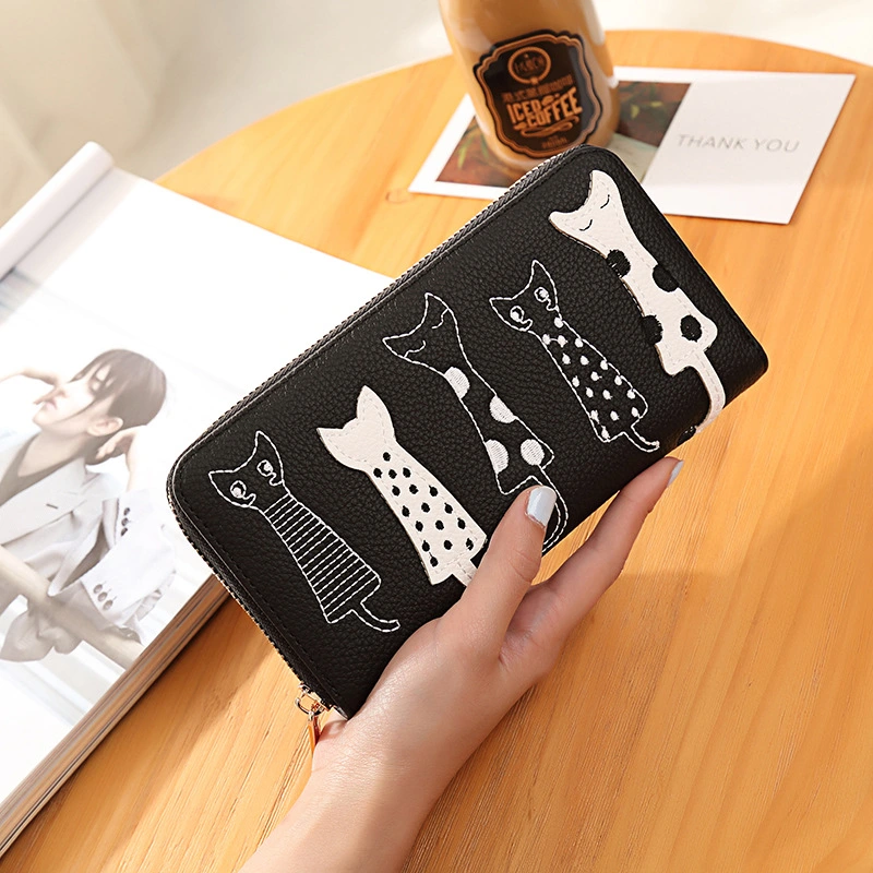 Embroidered zipper long wallet