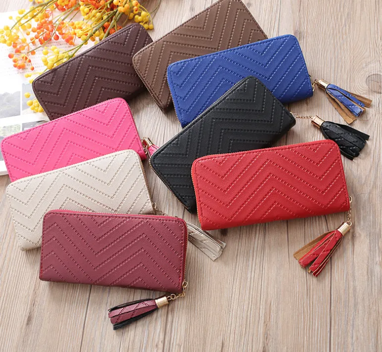 New women's wallet single pull fringed bag long zipper student bag clutch bag