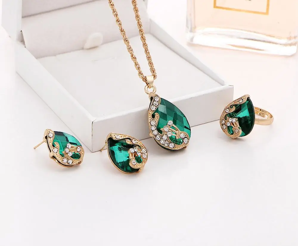 Crystal water drop peacock three piece set