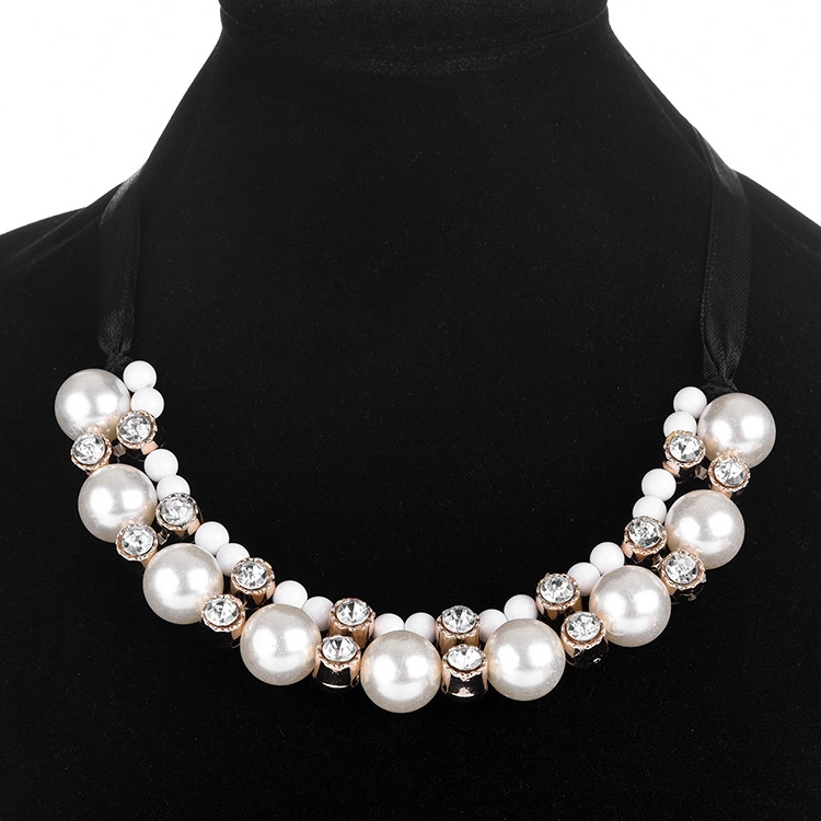 Double row pearl ribbon necklace