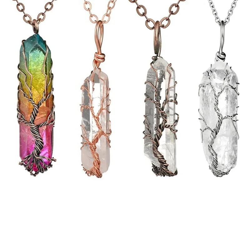 Natural white crystal color plated hexagonal pillar pendant