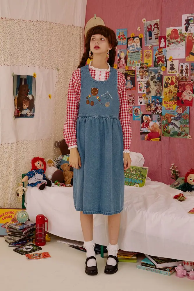 Muppet series blue embroidery denim dress Japanese women's clothing