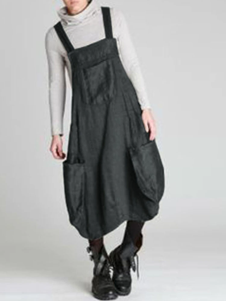 Women Straps Sleeveless Back Cross Pocket Dress Overalls