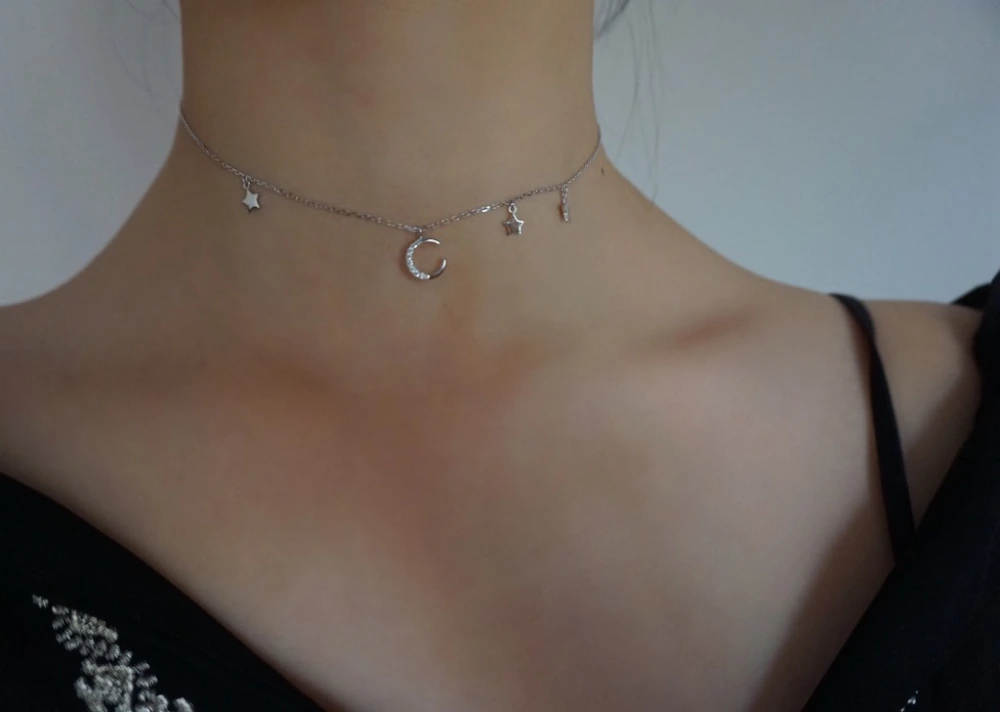 Moon star with diamond clavicle chain