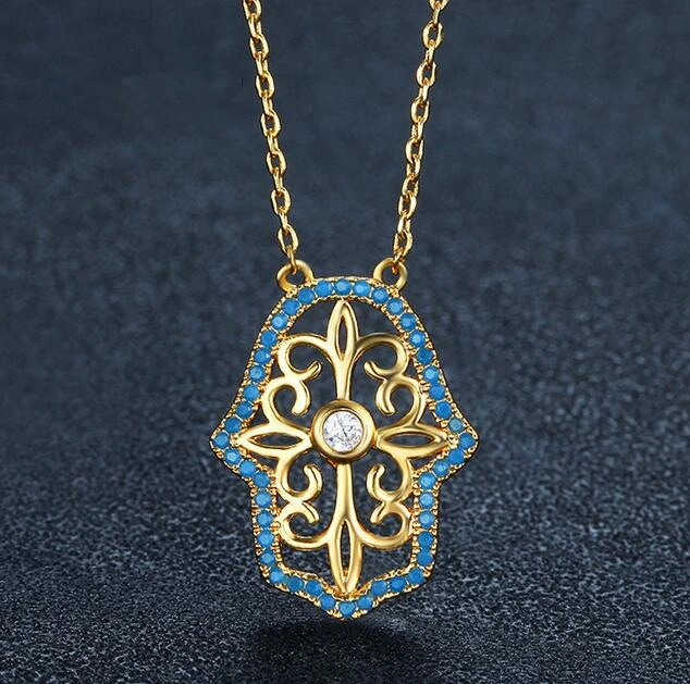 Designer Lucky Hand of Fatima pendant long chain for Women Golden color HAMSA Hand Christmas Gift