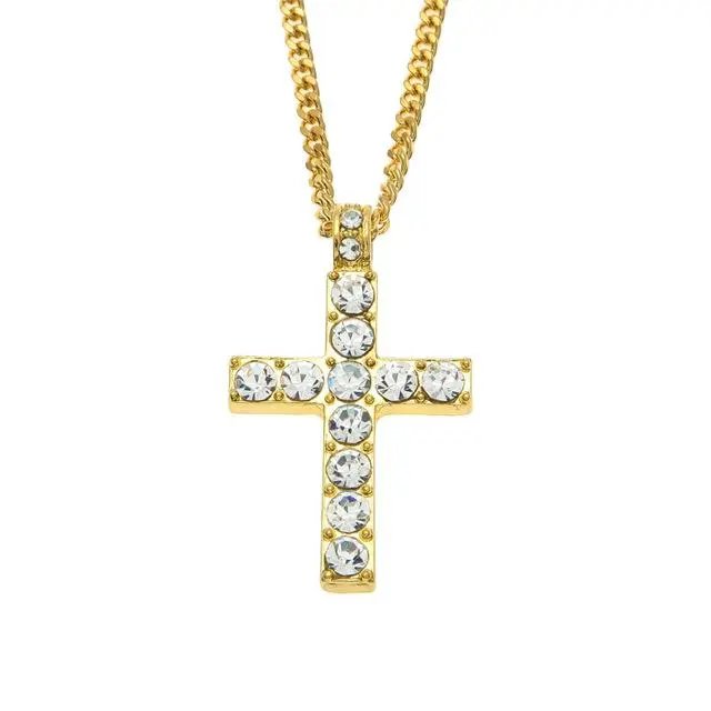 GOLD & SILVER CROSS PENDANT NECKLACE ICED OUT