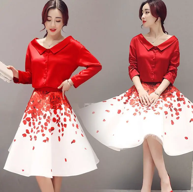 Two sets of spring and autumn long sleeved blouse skirt suit