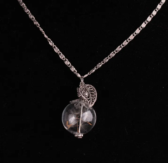 Glass cover dandelion seed leaf drift bottle pendant necklace