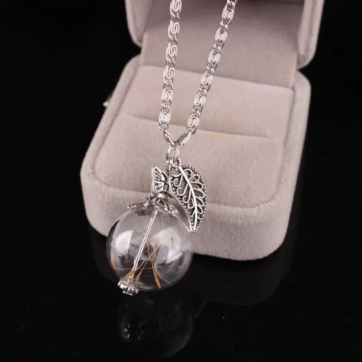 Glass cover dandelion seed leaf drift bottle pendant necklace