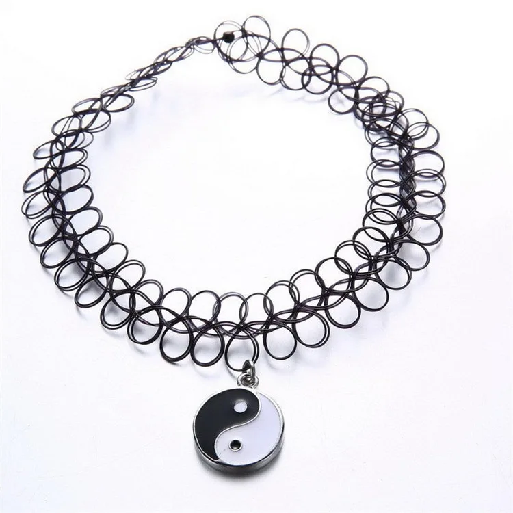 Black Plastic Choker Necklace Women Elastic Tattoo Chokers Gothic Punk Yin Yang Pendants 90s Chocker