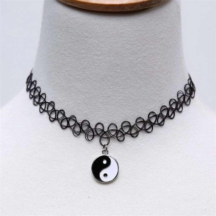 Black Plastic Choker Necklace Women Elastic Tattoo Chokers Gothic Punk Yin Yang Pendants 90s Chocker