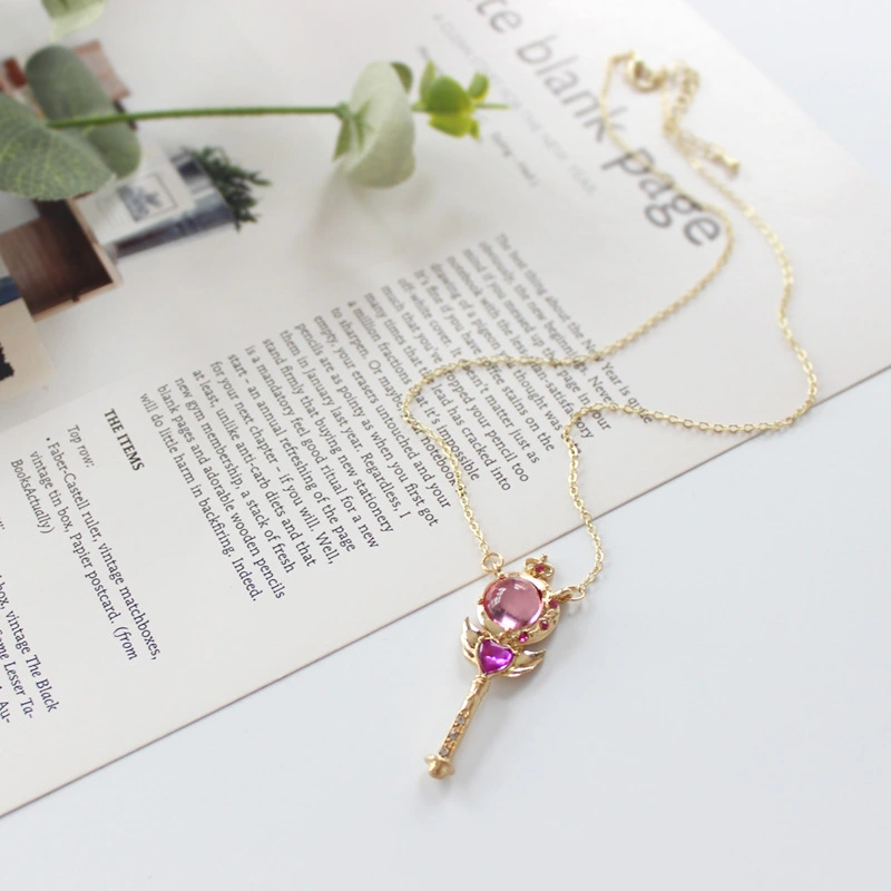 Japanese Cartoon Girl Series Gemstone Wings Scepter Necklace