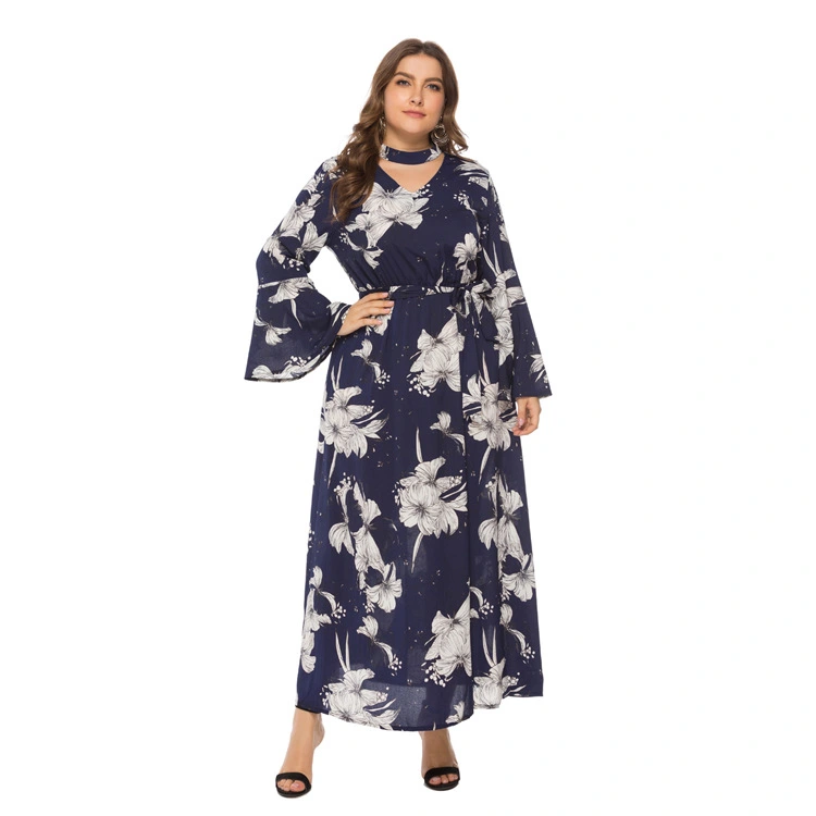 Spring and summer explosion models V-neck trumpet sleeves printed polar large size dress