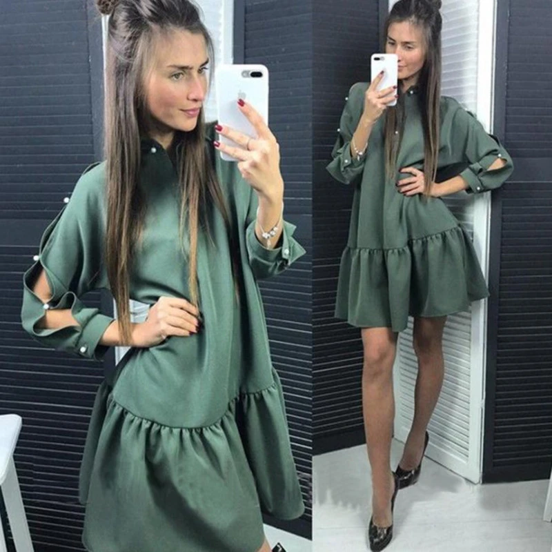 New pearl button nine-point sleeve skirt ruffled stitching long loose dress
