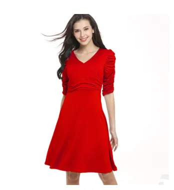 USA SIZE Deep V-neck slim pleated short-sleeved dress
