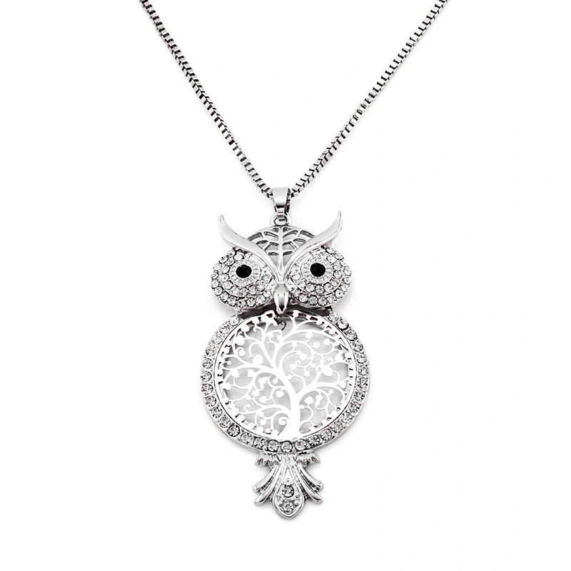 Fashion long diamond-studded hollow owl sweater chain necklace