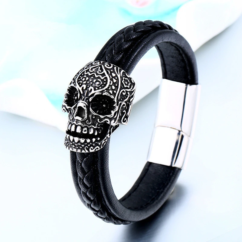 Titanium Steel Engraved Leather Skull Bracelet