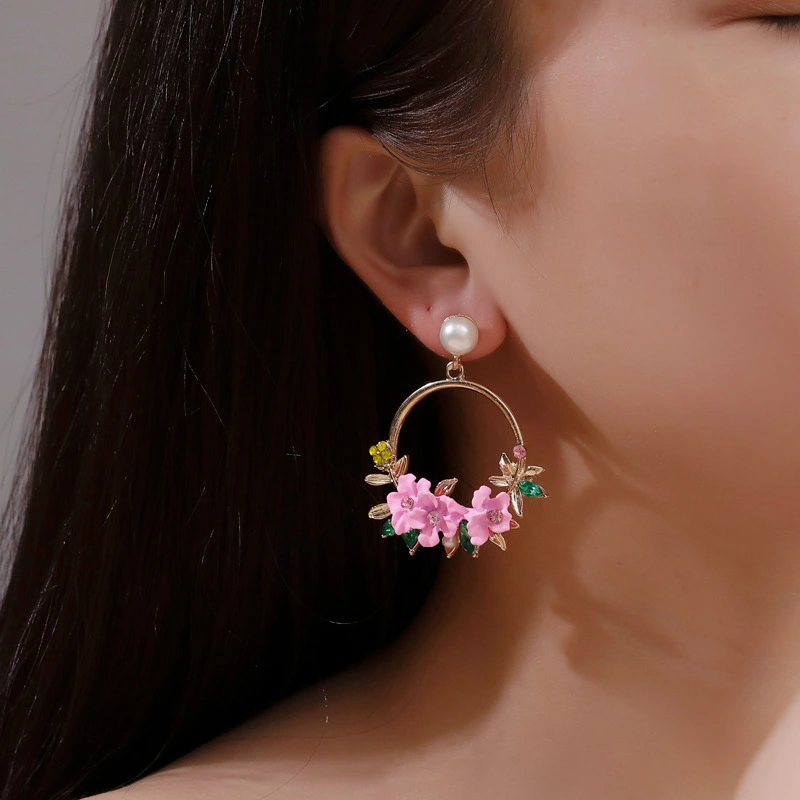 Net Red Temperament Color Wreath Pearl Earrings