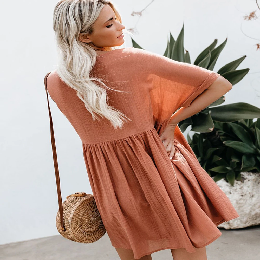 Loose V-neck cotton and linen dress